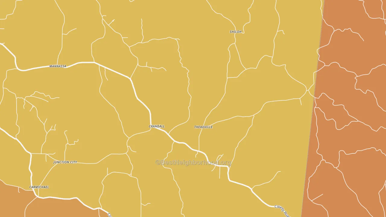 Map of the best neighborhoods in the Crandall area, with better matches in green and worse matches in red