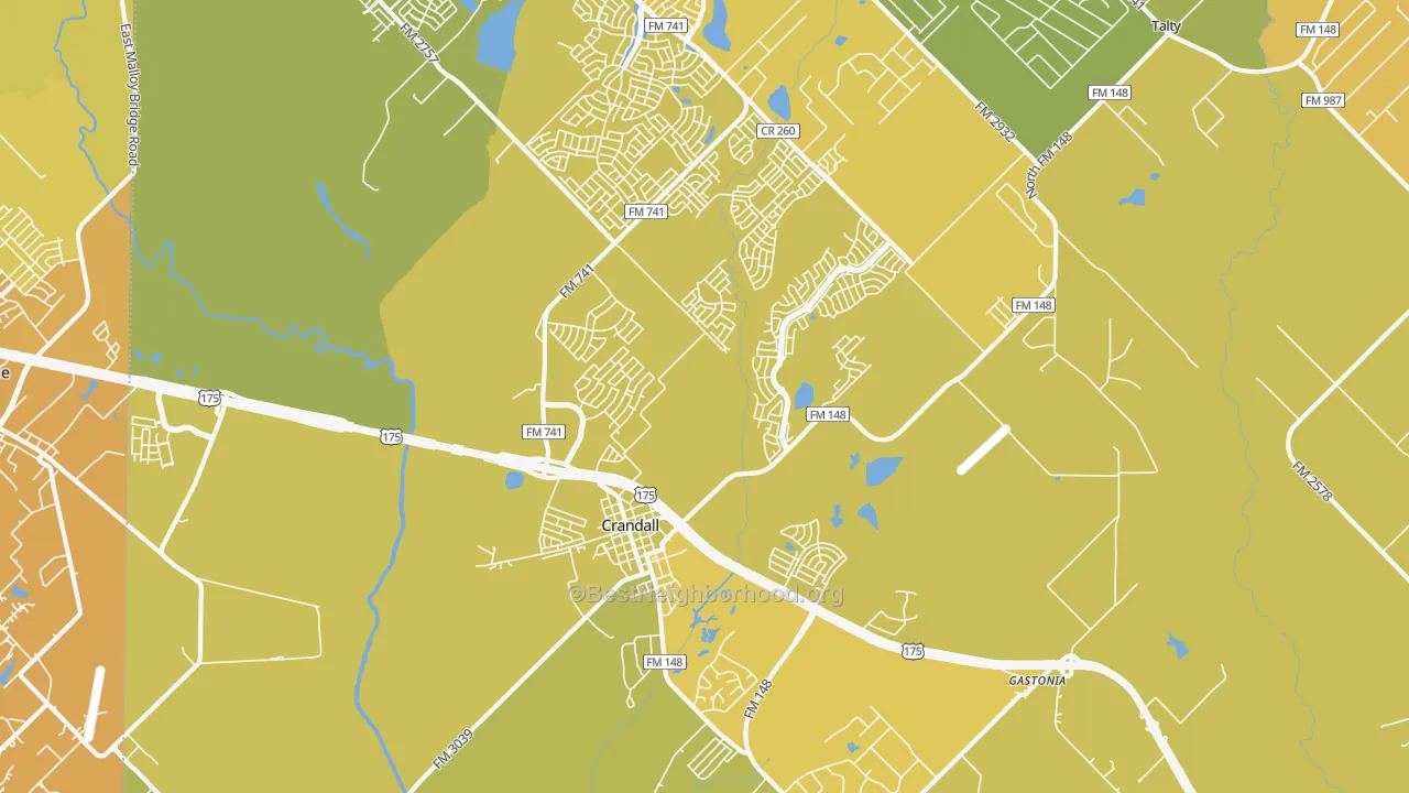Map of the best neighborhoods in the Crandall area, with better matches in green and worse matches in red