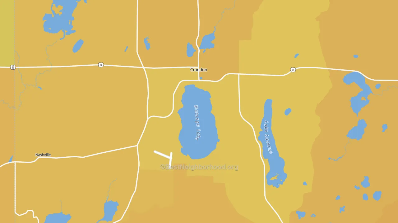 Map of the best neighborhoods in the Crandon area, with better matches in green and worse matches in red