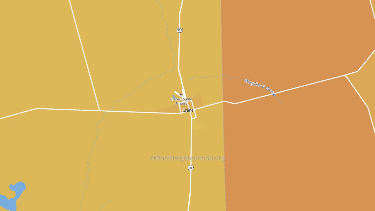 Map of the best neighborhoods in the Crane County area, with better matches in green and worse matches in red