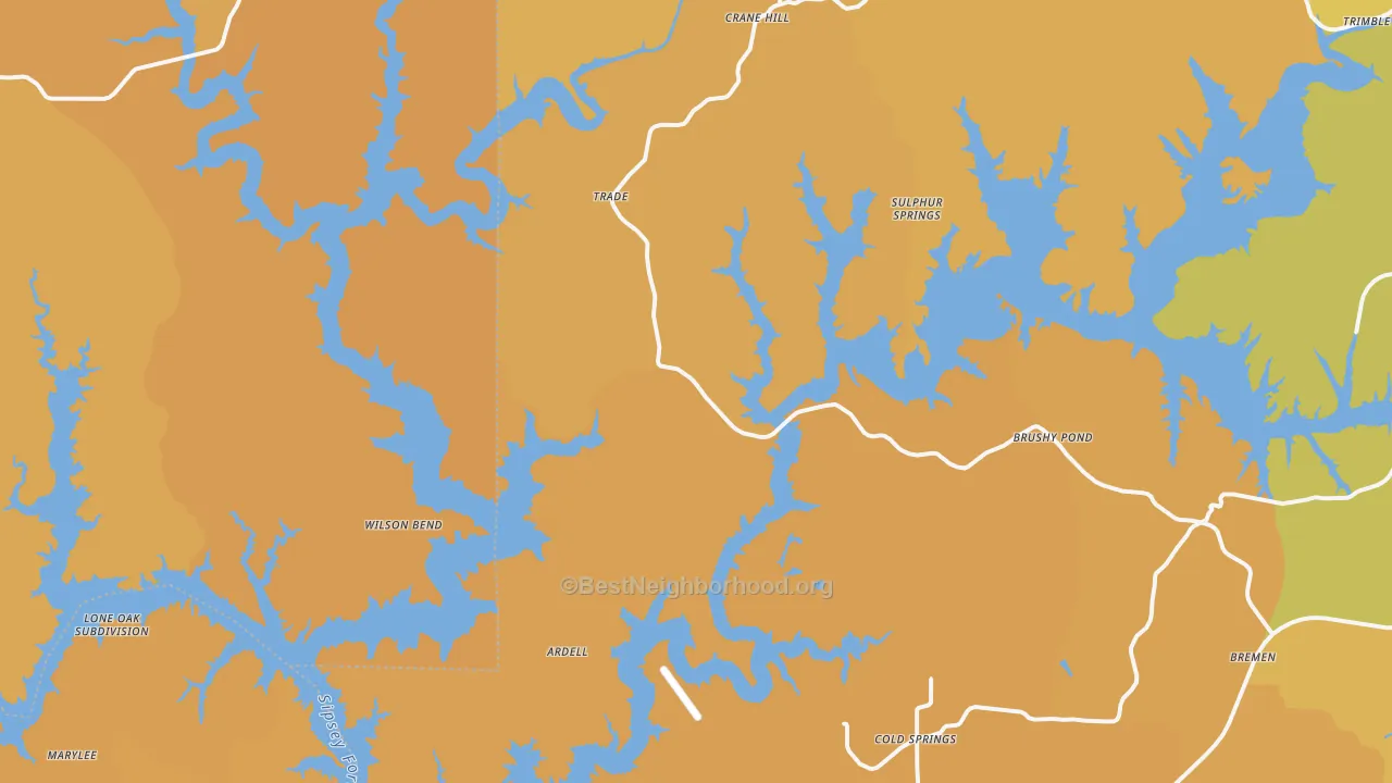 Map of the best neighborhoods in the Crane Hill area, with better matches in green and worse matches in red