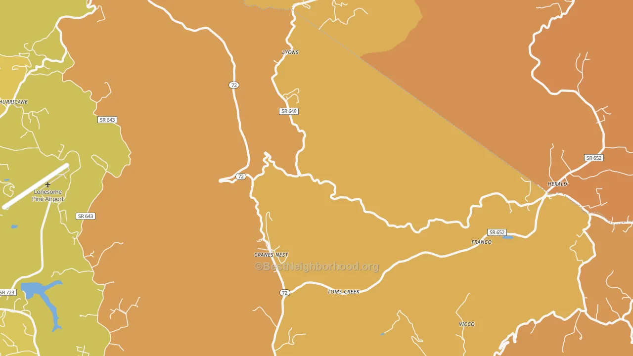 Map of the best neighborhoods in the Cranes Nest area, with better matches in green and worse matches in red