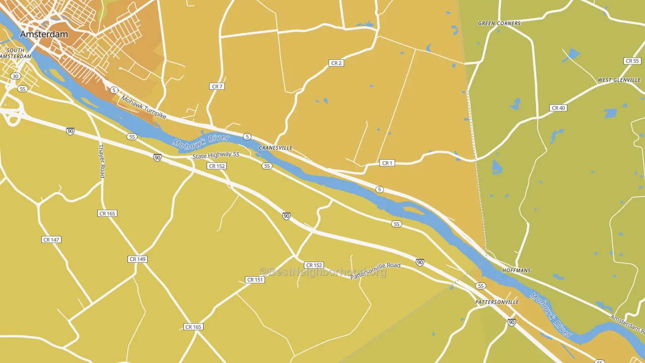 Map of the best neighborhoods in the Cranesville area, with better matches in green and worse matches in red
