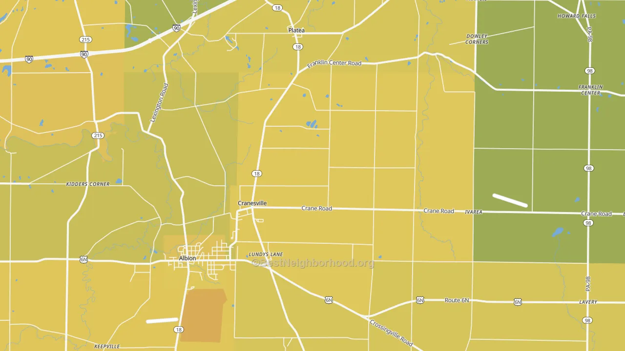 Map of the best neighborhoods in the Cranesville area, with better matches in green and worse matches in red