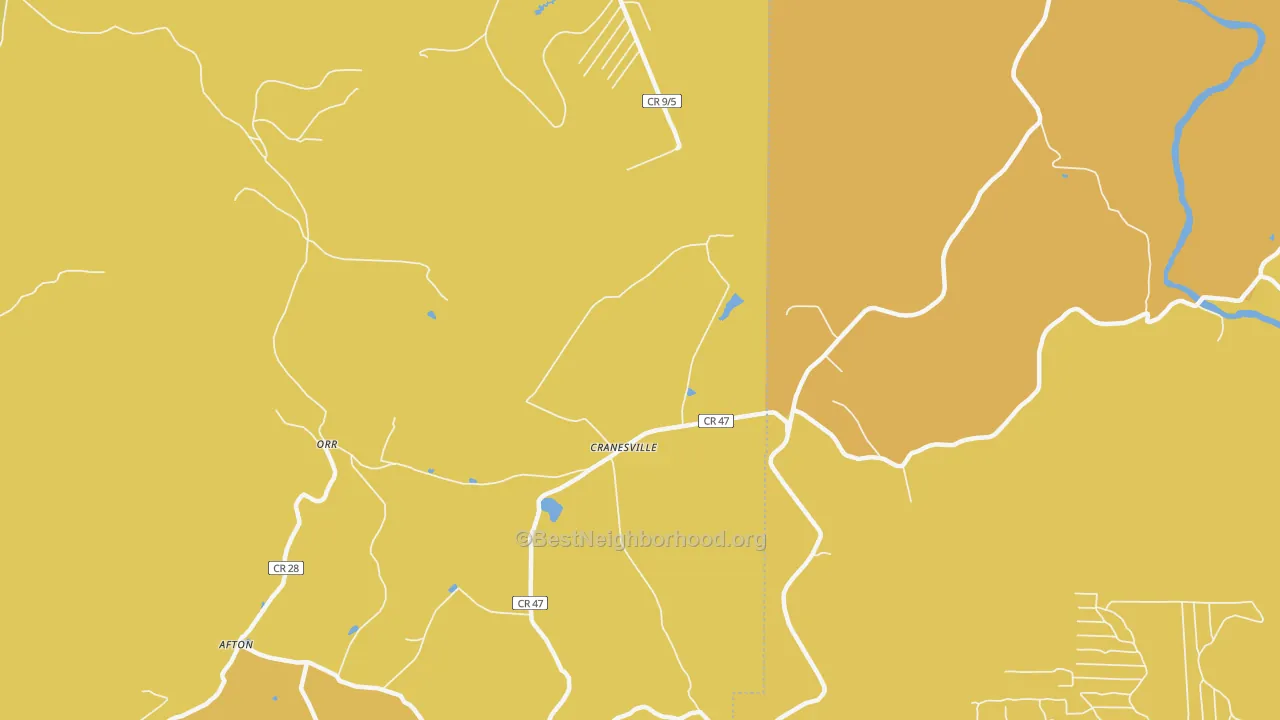 Map of the best neighborhoods in the Cranesville area, with better matches in green and worse matches in red
