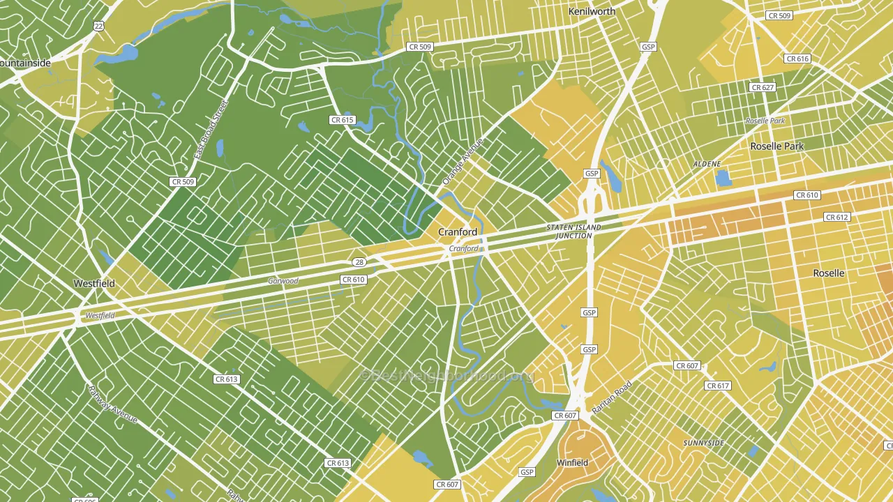 Map of the best neighborhoods in the Cranford area, with better matches in green and worse matches in red