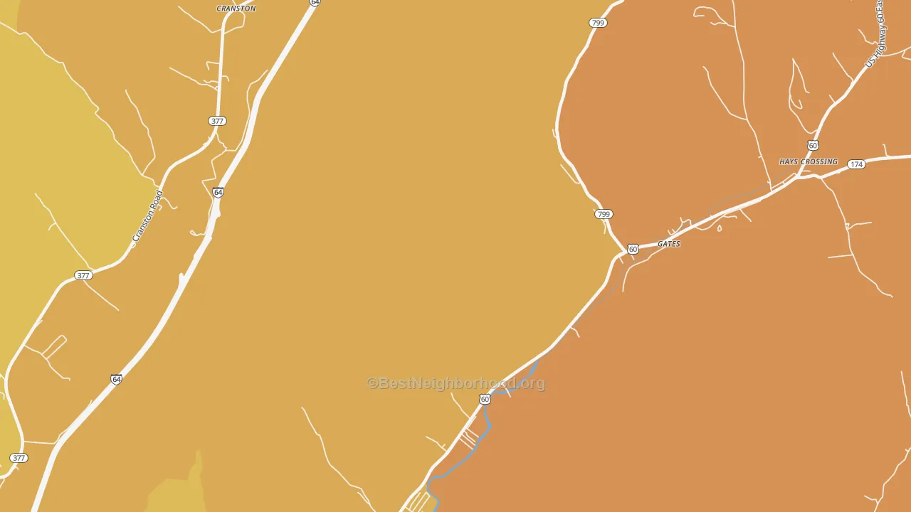 Map of the best neighborhoods in the Cranston area, with better matches in green and worse matches in red