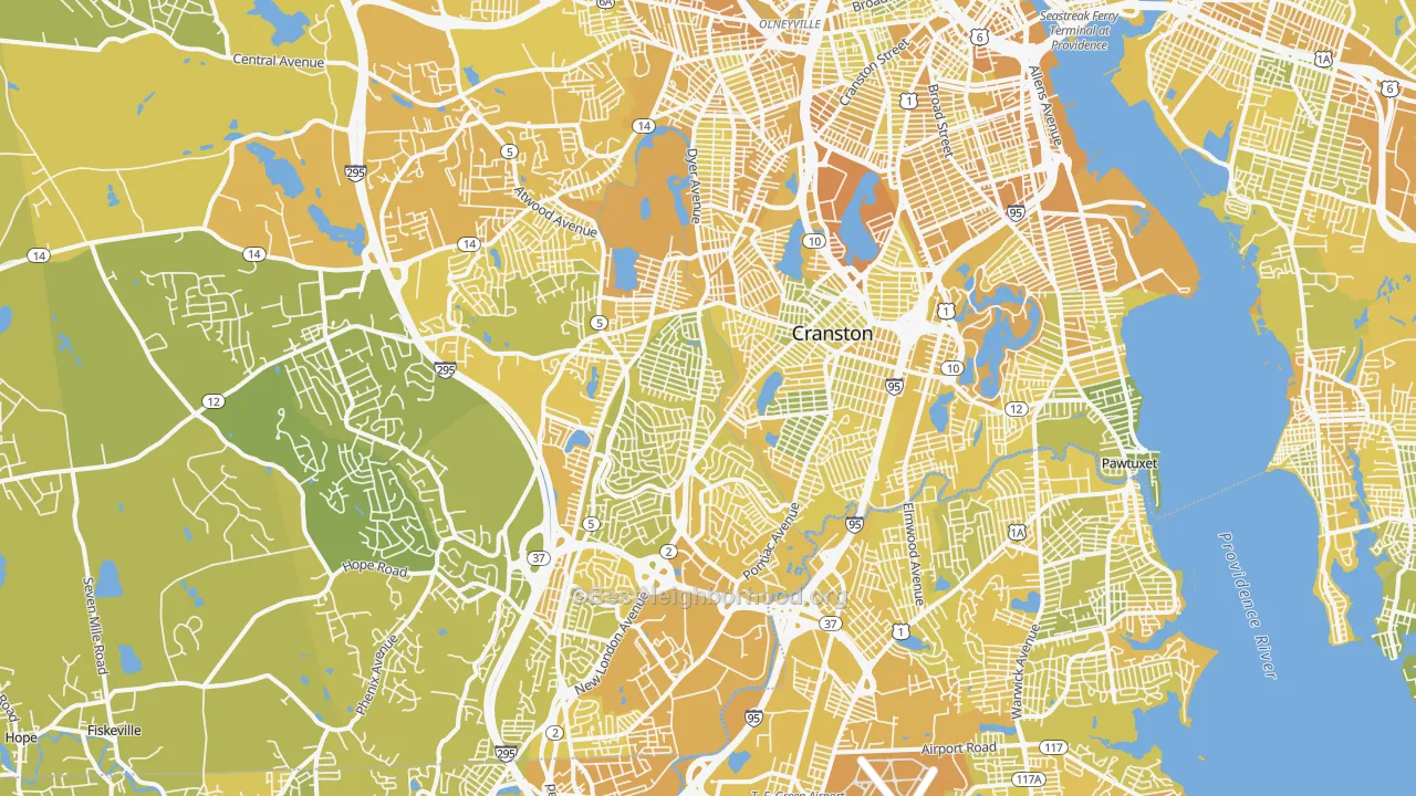 Map of the best neighborhoods in the Cranston area, with better matches in green and worse matches in red