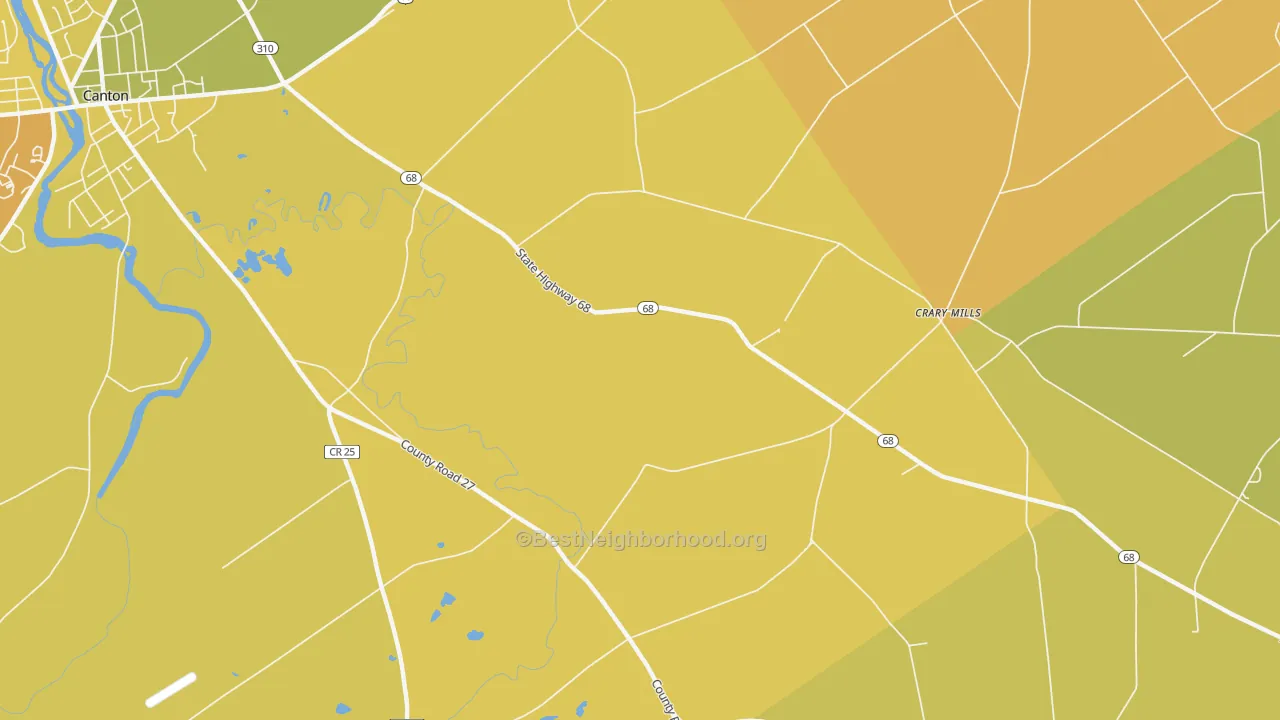 Map of the best neighborhoods in the Crary Mills area, with better matches in green and worse matches in red