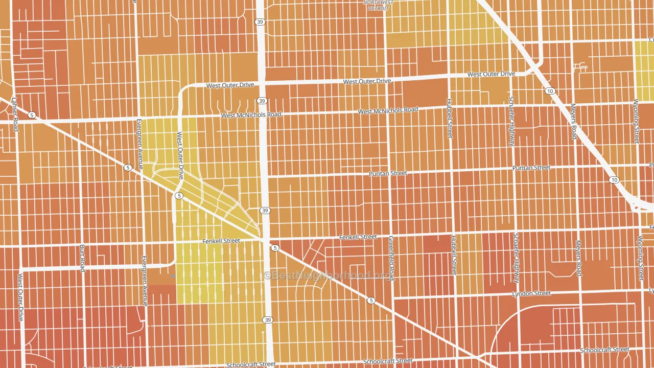 Map of the best neighborhoods in the Crary-St Marys, Detroit area, with better matches in green and worse matches in red