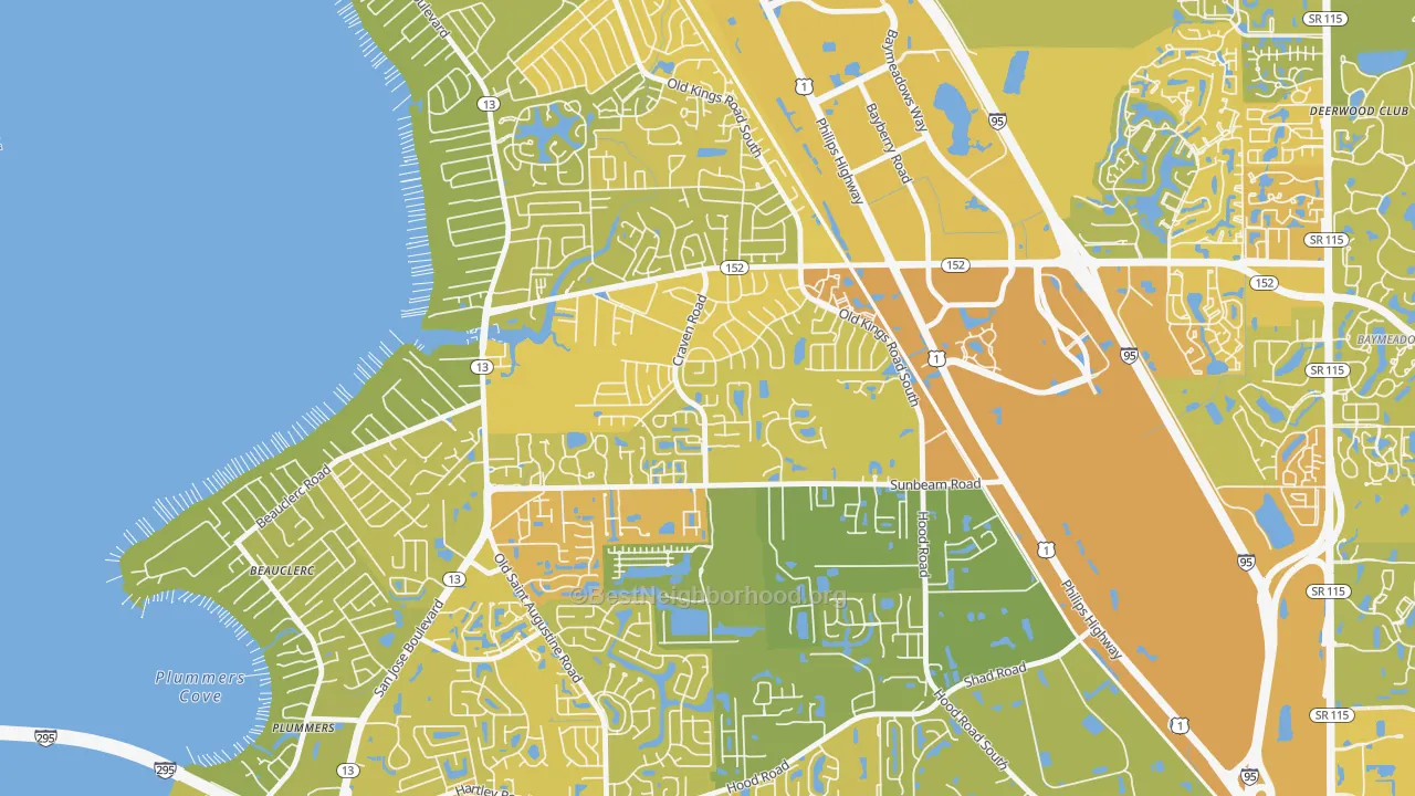 Map of the best neighborhoods in the Craven, Jacksonville area, with better matches in green and worse matches in red