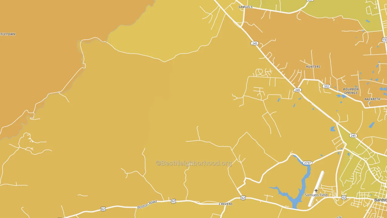 Map of the best neighborhoods in the Cravens area, with better matches in green and worse matches in red