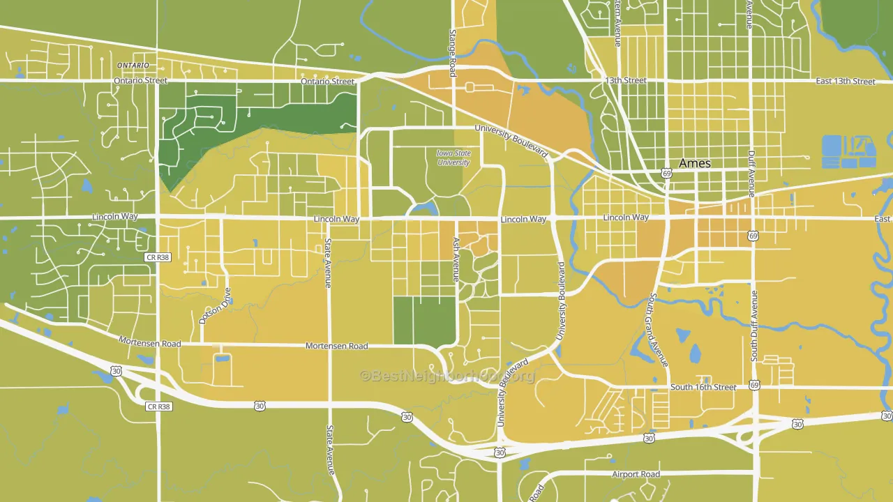 Map of the best neighborhoods in the Crawford, Ames area, with better matches in green and worse matches in red