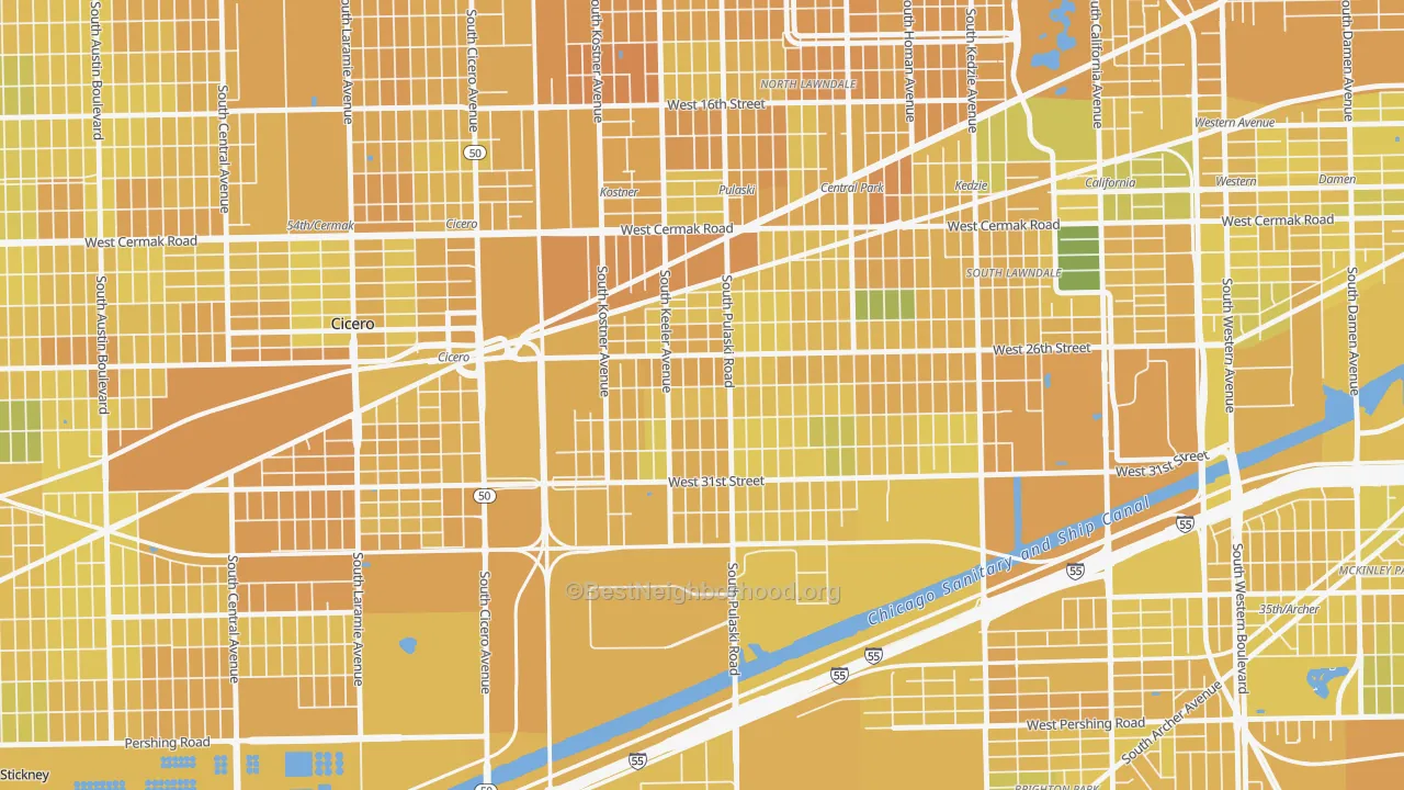 Map of the best neighborhoods in the Crawford, Chicago area, with better matches in green and worse matches in red
