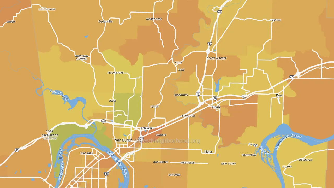 Map of the best neighborhoods in the Crawford County area, with better matches in green and worse matches in red