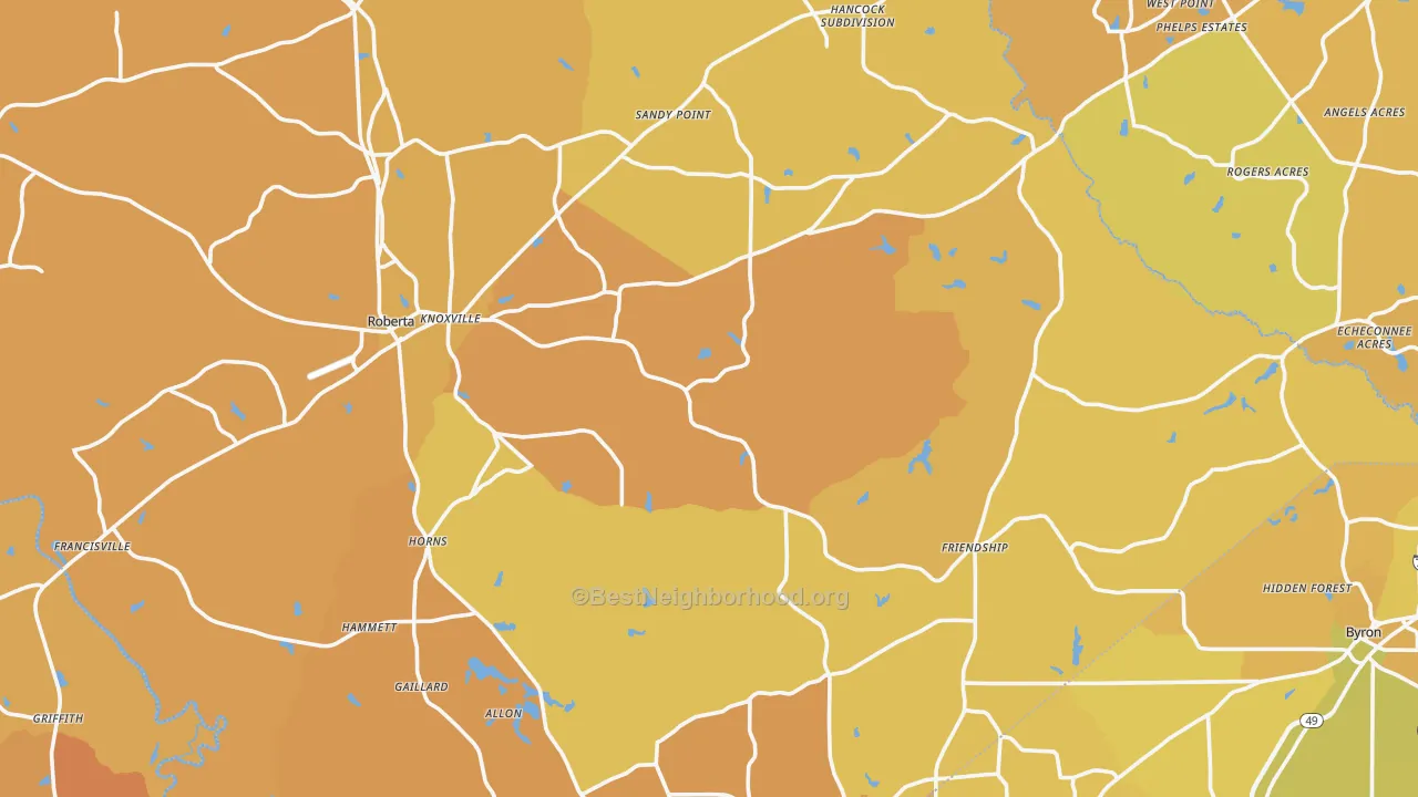 Map of the best neighborhoods in the Crawford County area, with better matches in green and worse matches in red