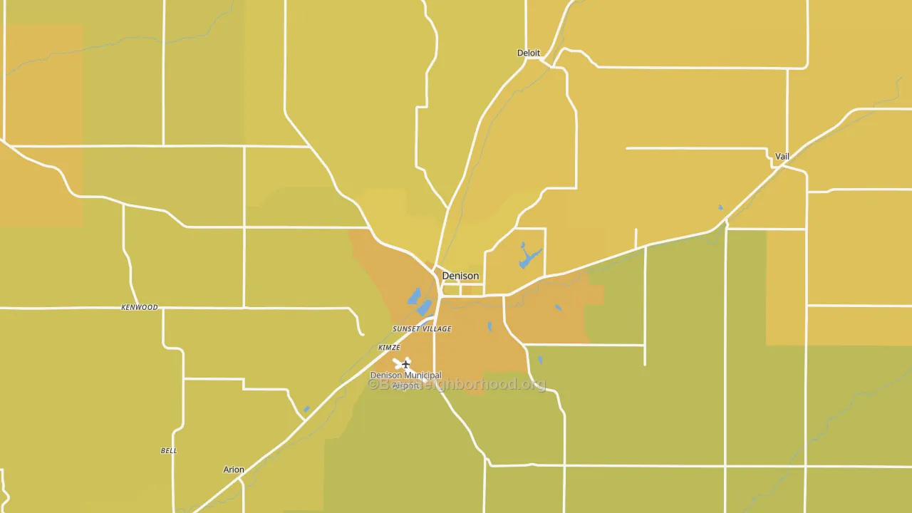 Map of the best neighborhoods in the Crawford County area, with better matches in green and worse matches in red