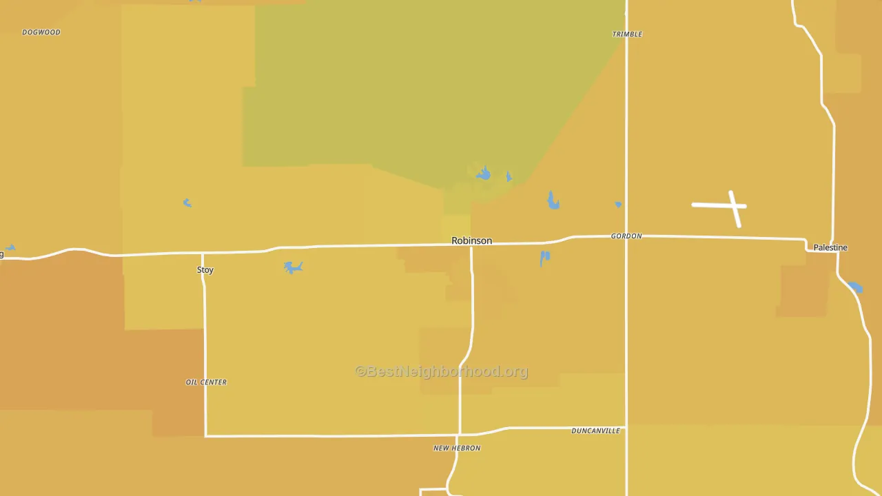 Map of the best neighborhoods in the Crawford County area, with better matches in green and worse matches in red