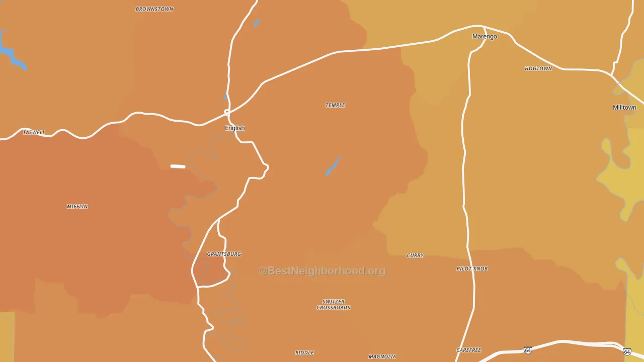 Map of the best neighborhoods in the Crawford County area, with better matches in green and worse matches in red