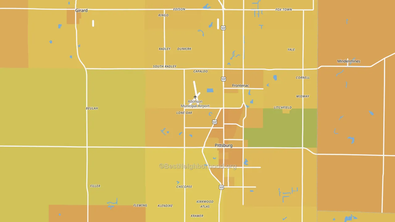 Map of the best neighborhoods in the Crawford County area, with better matches in green and worse matches in red