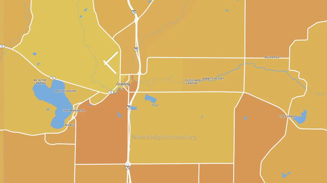 Map of the best neighborhoods in the Crawford County area, with better matches in green and worse matches in red