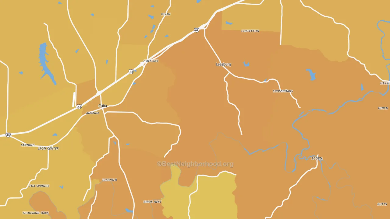 Map of the best neighborhoods in the Crawford County area, with better matches in green and worse matches in red