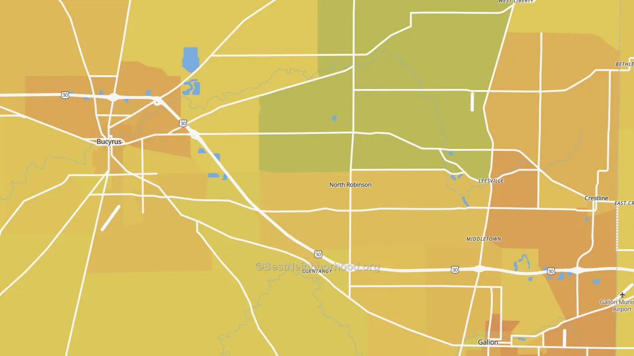 Map of the best neighborhoods in the Crawford County area, with better matches in green and worse matches in red