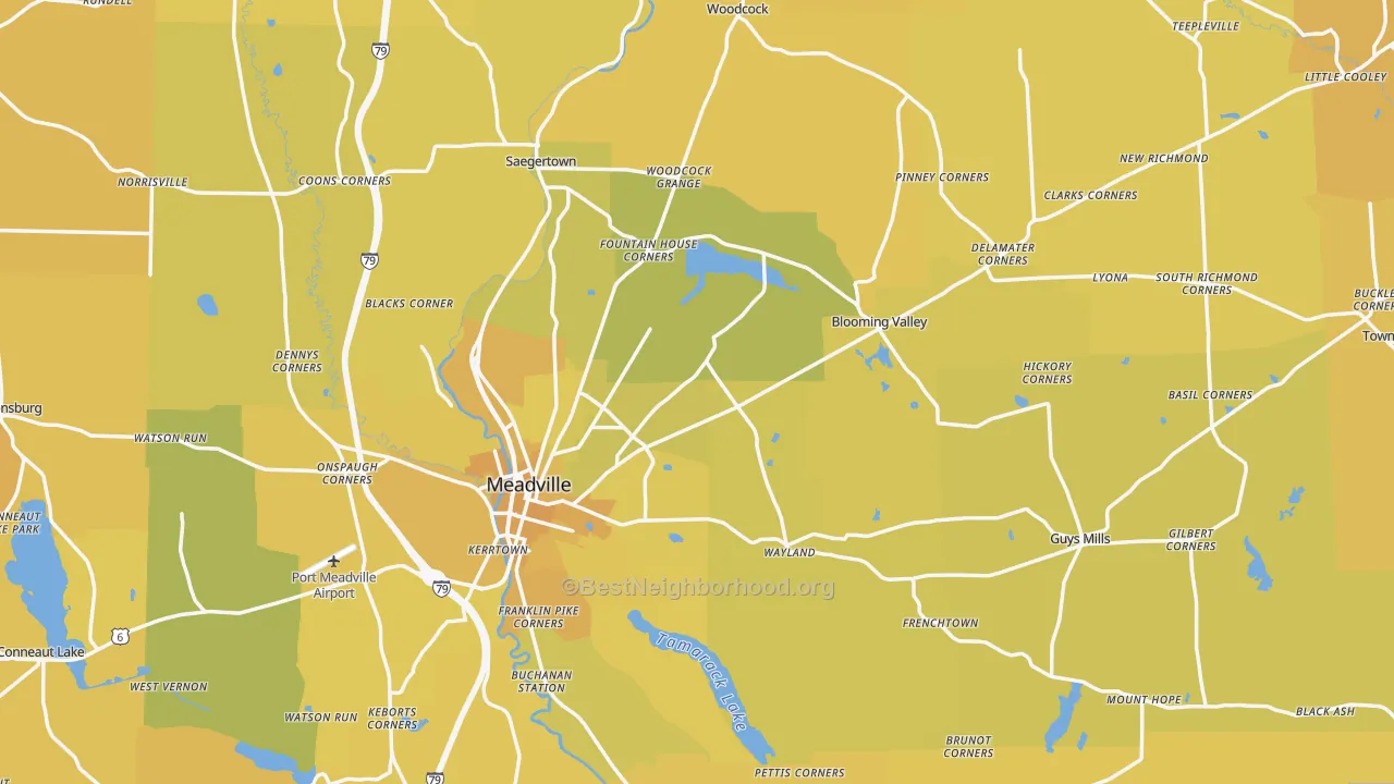 Map of the best neighborhoods in the Crawford County area, with better matches in green and worse matches in red