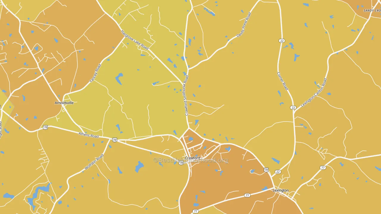 Map of the best neighborhoods in the Crawford area, with better matches in green and worse matches in red
