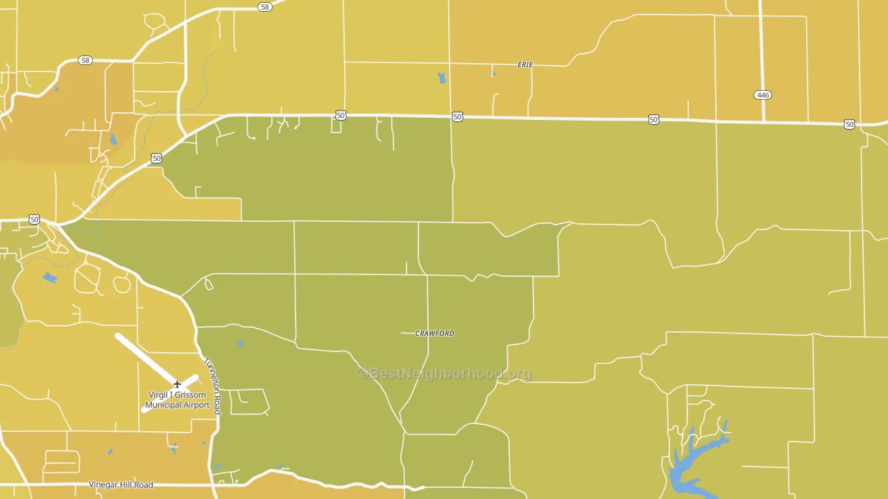 Map of the best neighborhoods in the Crawford area, with better matches in green and worse matches in red