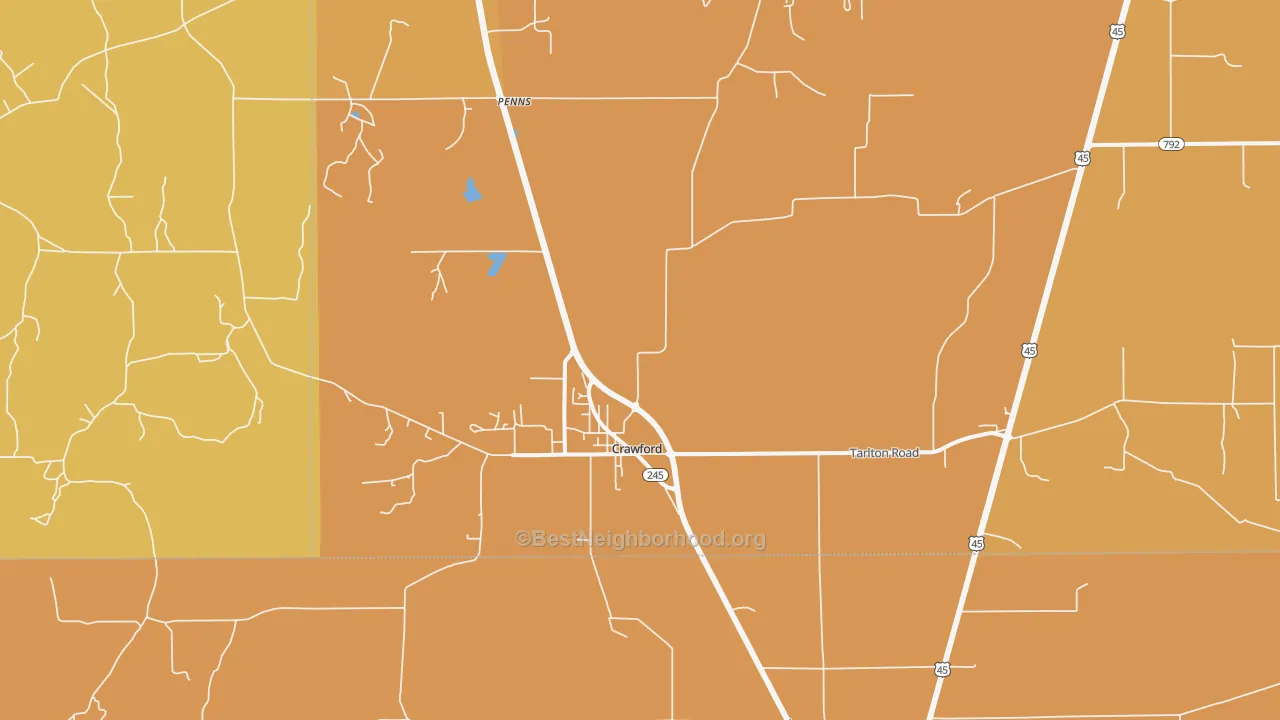 Map of the best neighborhoods in the Crawford area, with better matches in green and worse matches in red