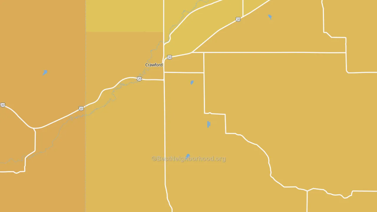 Map of the best neighborhoods in the Crawford area, with better matches in green and worse matches in red