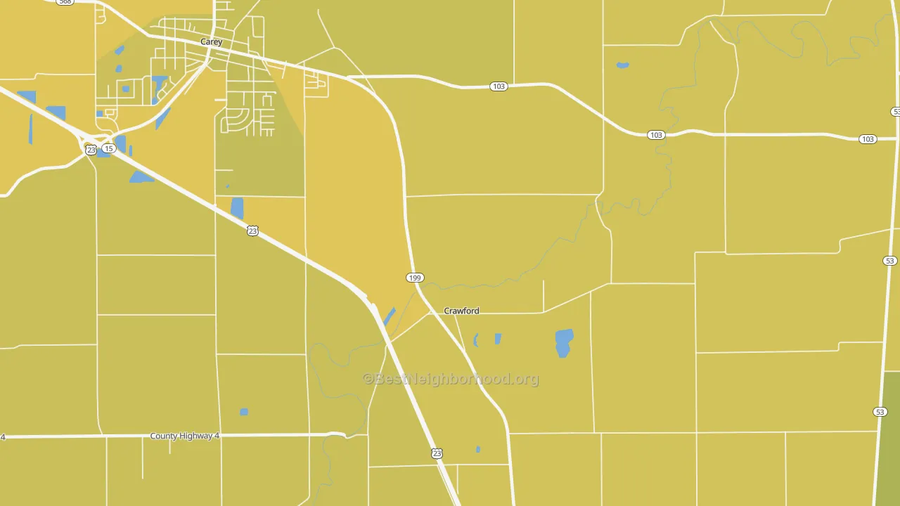 Map of the best neighborhoods in the Crawford area, with better matches in green and worse matches in red