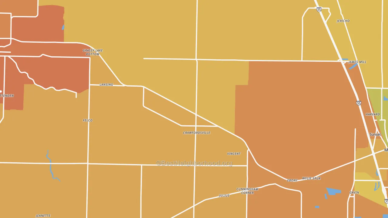 Map of the best neighborhoods in the Crawfordsville area, with better matches in green and worse matches in red