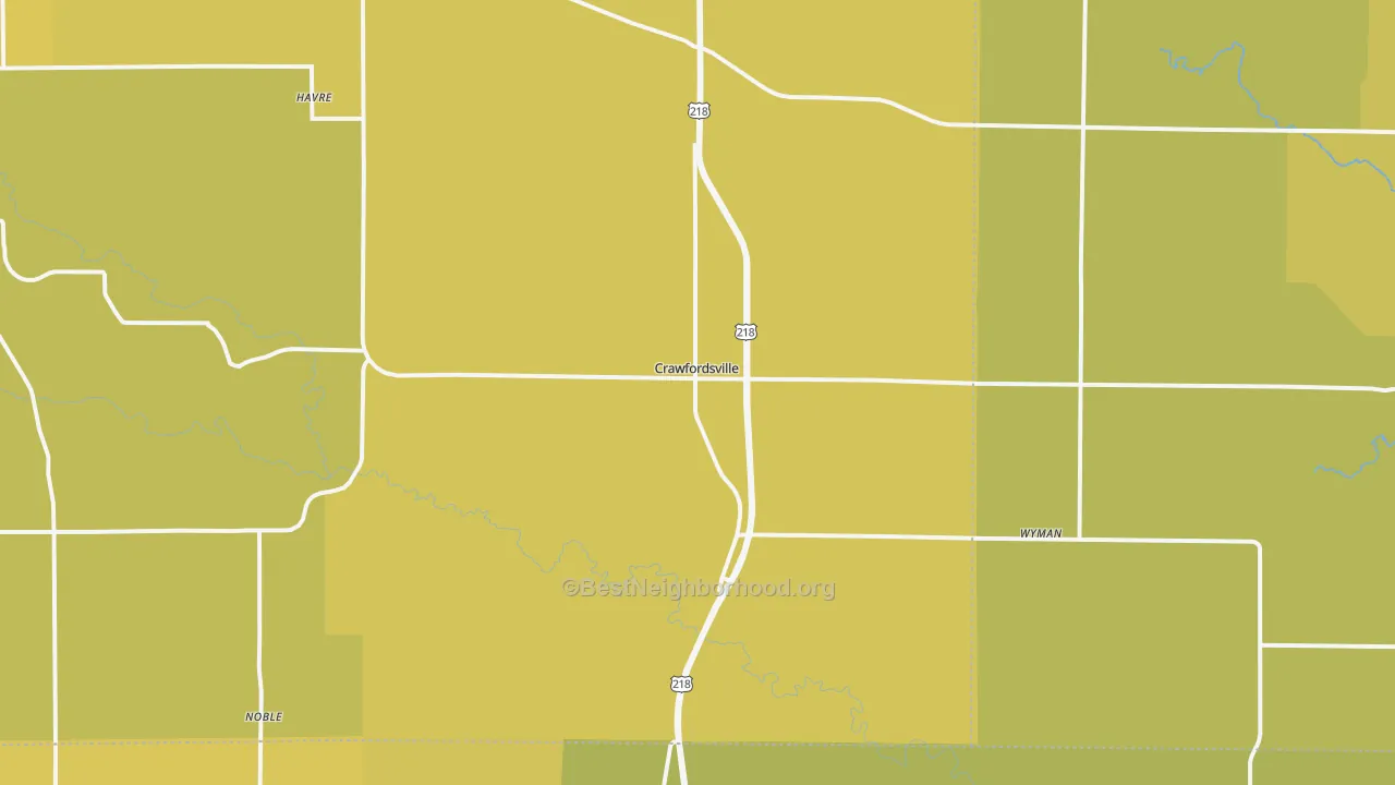 Map of the best neighborhoods in the Crawfordsville area, with better matches in green and worse matches in red