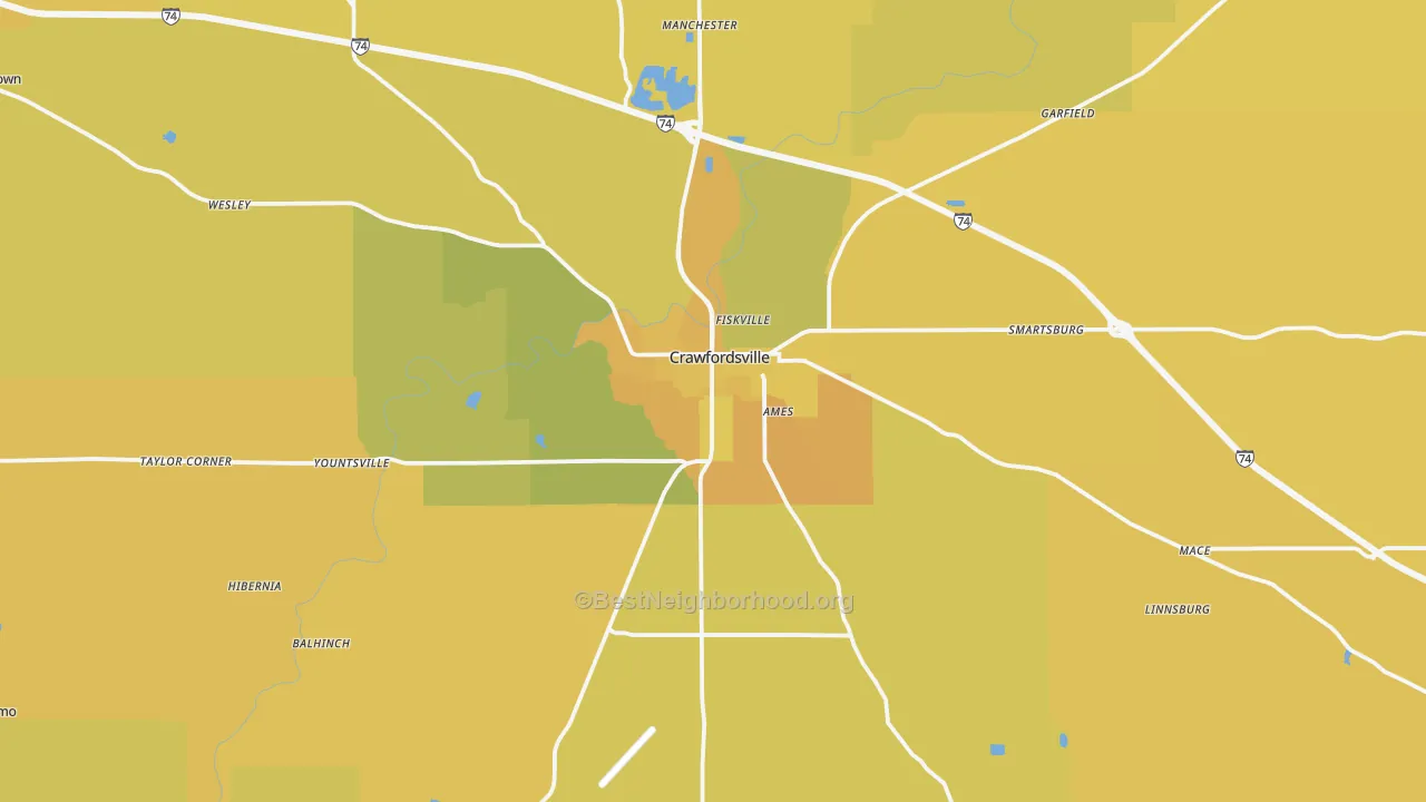 Map of the best neighborhoods in the Crawfordsville area, with better matches in green and worse matches in red