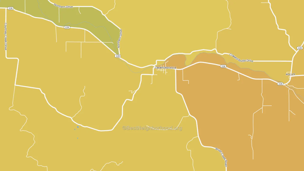 Map of the best neighborhoods in the Crawfordsville area, with better matches in green and worse matches in red