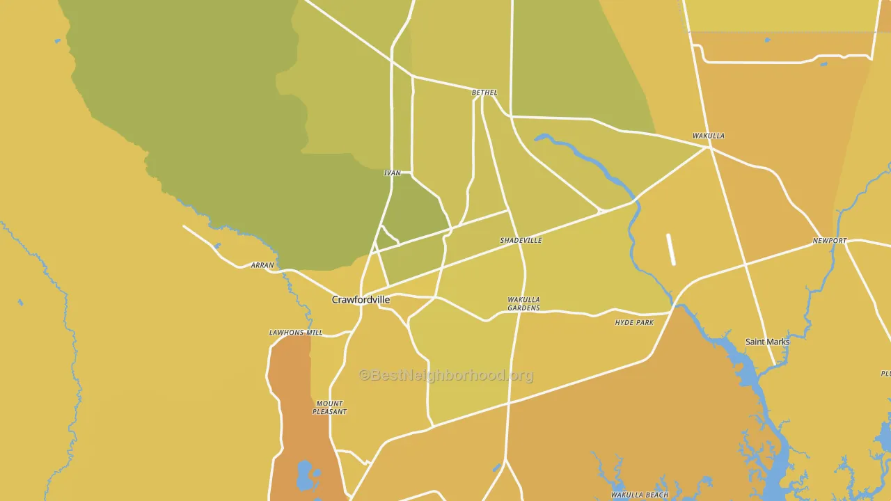 Map of the best neighborhoods in the Crawfordville area, with better matches in green and worse matches in red