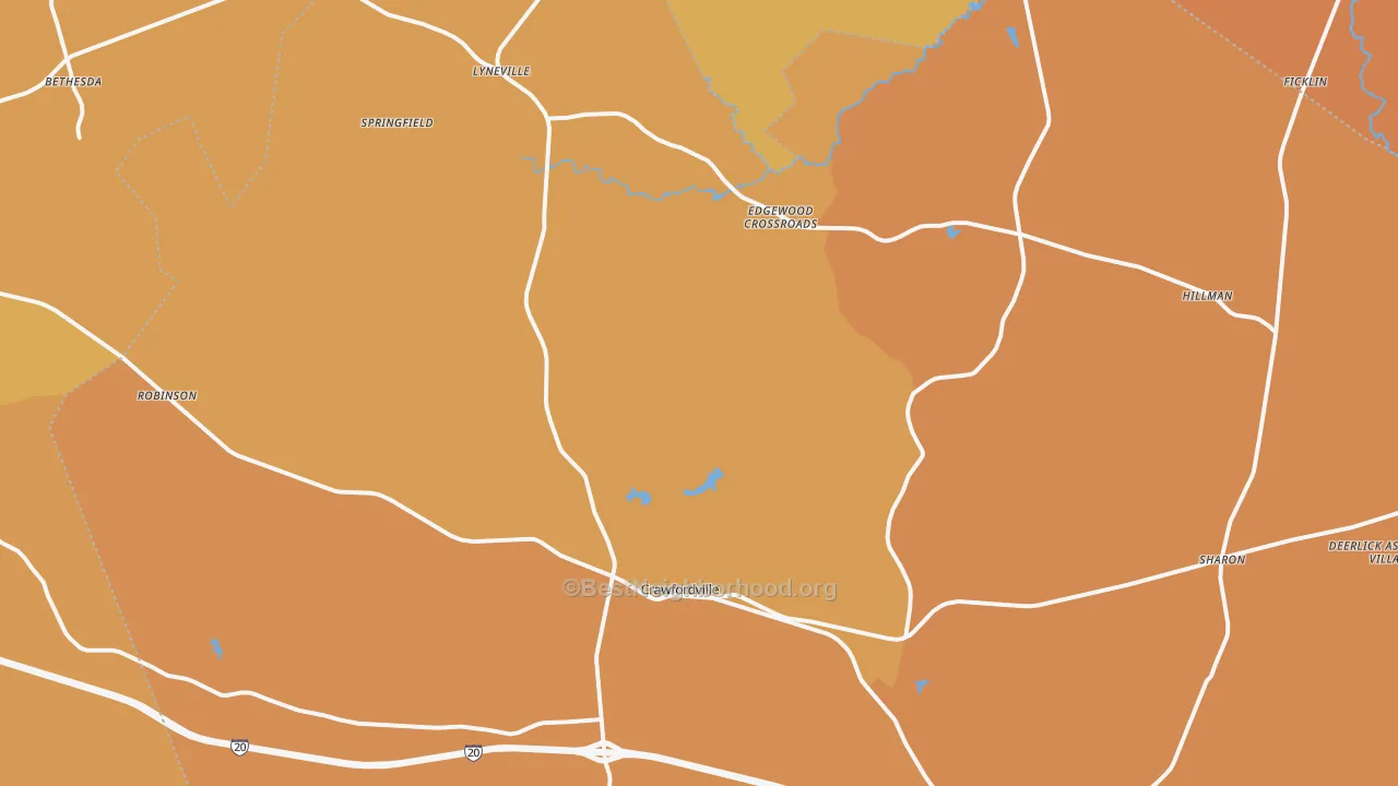 Map of the best neighborhoods in the Crawfordville area, with better matches in green and worse matches in red