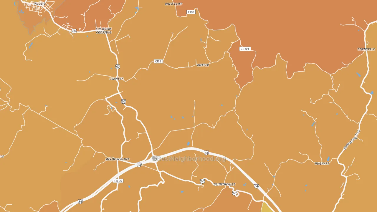 Map of the best neighborhoods in the Crawley area, with better matches in green and worse matches in red