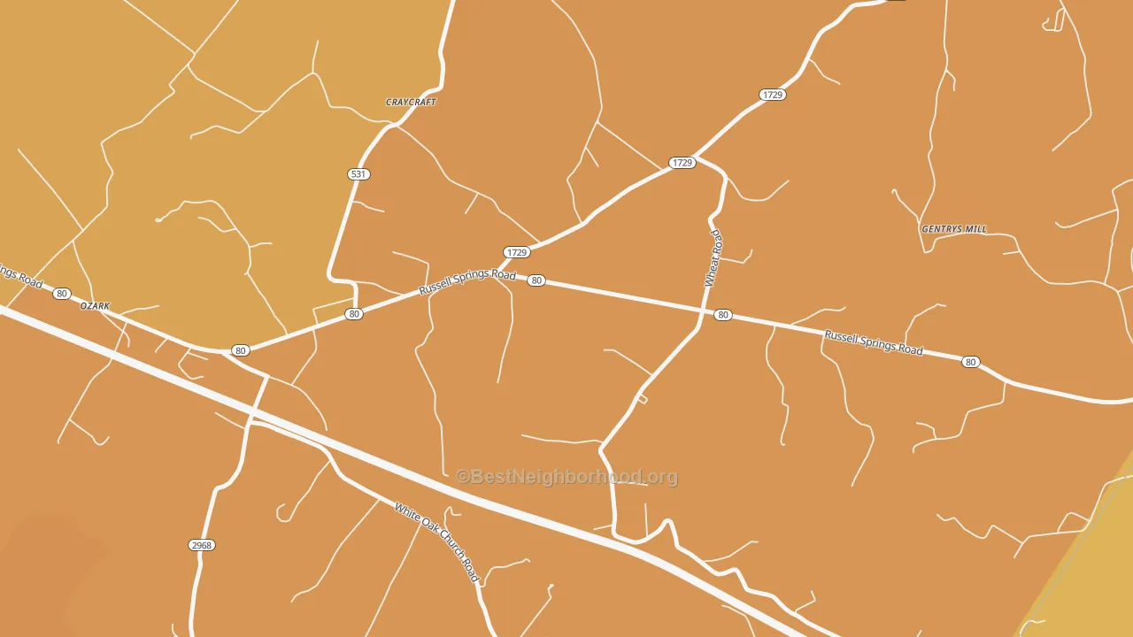 Map of the best neighborhoods in the Craycraft area, with better matches in green and worse matches in red