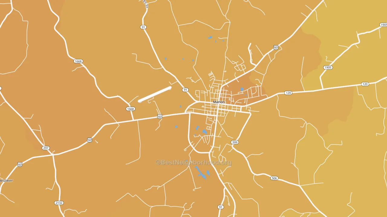 Map of the best neighborhoods in the Crayne area, with better matches in green and worse matches in red