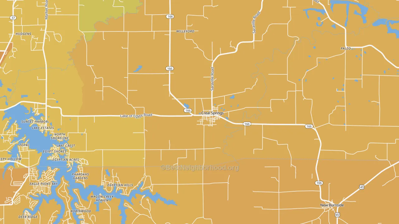 Map of the best neighborhoods in the Creal Springs area, with better matches in green and worse matches in red