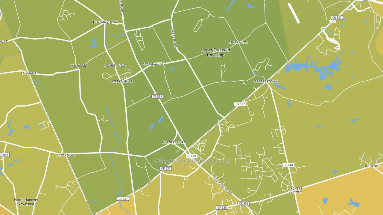 Map of the best neighborhoods in the Cream Ridge area, with better matches in green and worse matches in red