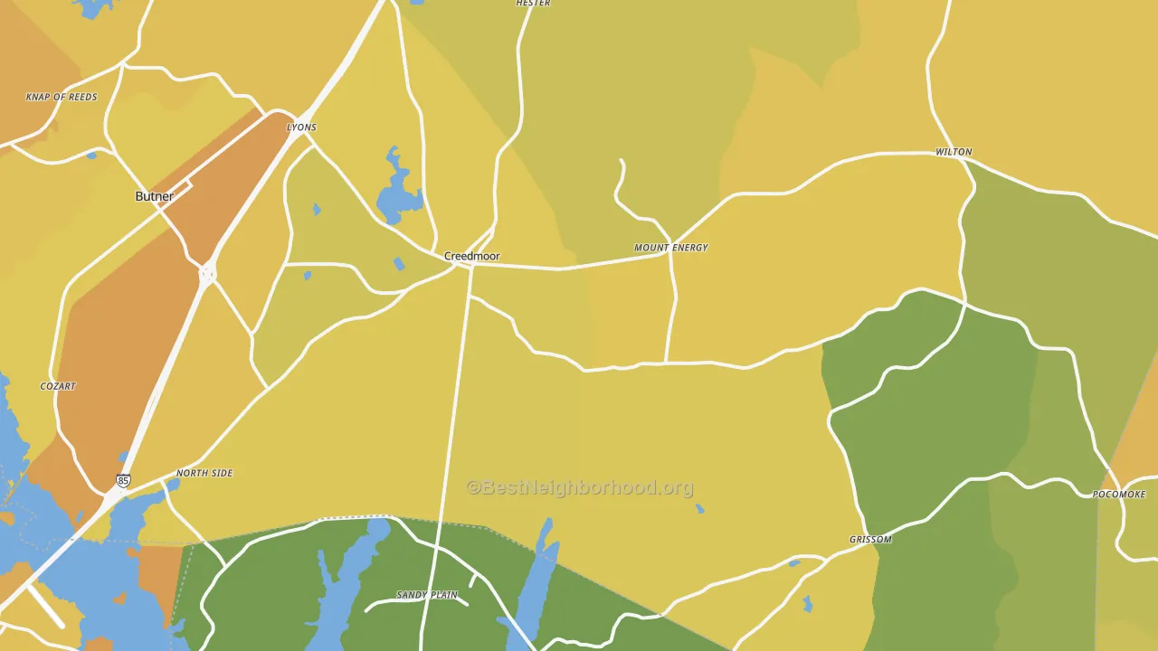 Map of the best neighborhoods in the Creedmoor area, with better matches in green and worse matches in red