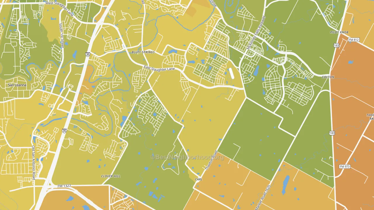 Map of the best neighborhoods in the Creedmoor area, with better matches in green and worse matches in red