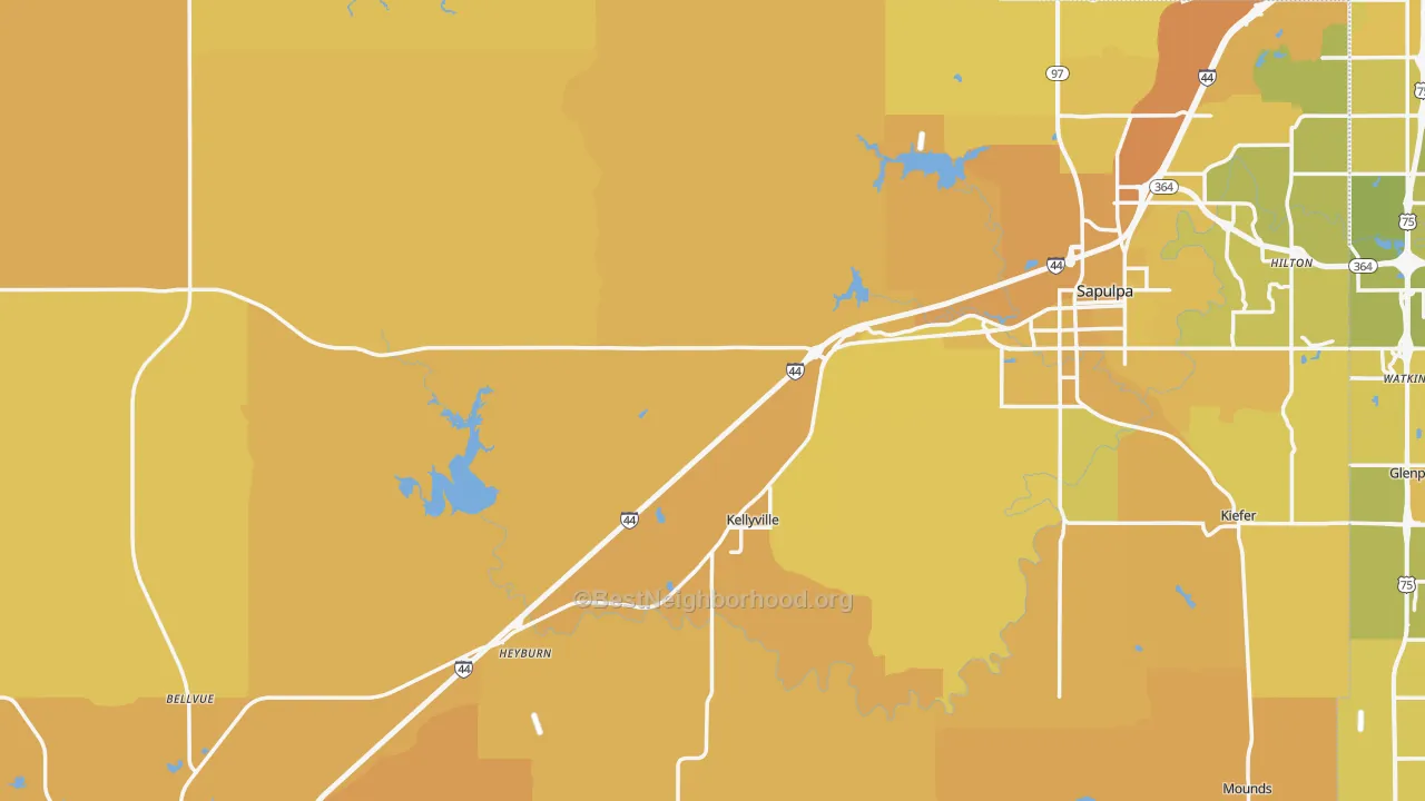 Map of the best neighborhoods in the Creek County area, with better matches in green and worse matches in red