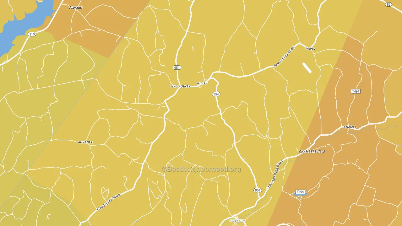 Map of the best neighborhoods in the Creekside area, with better matches in green and worse matches in red