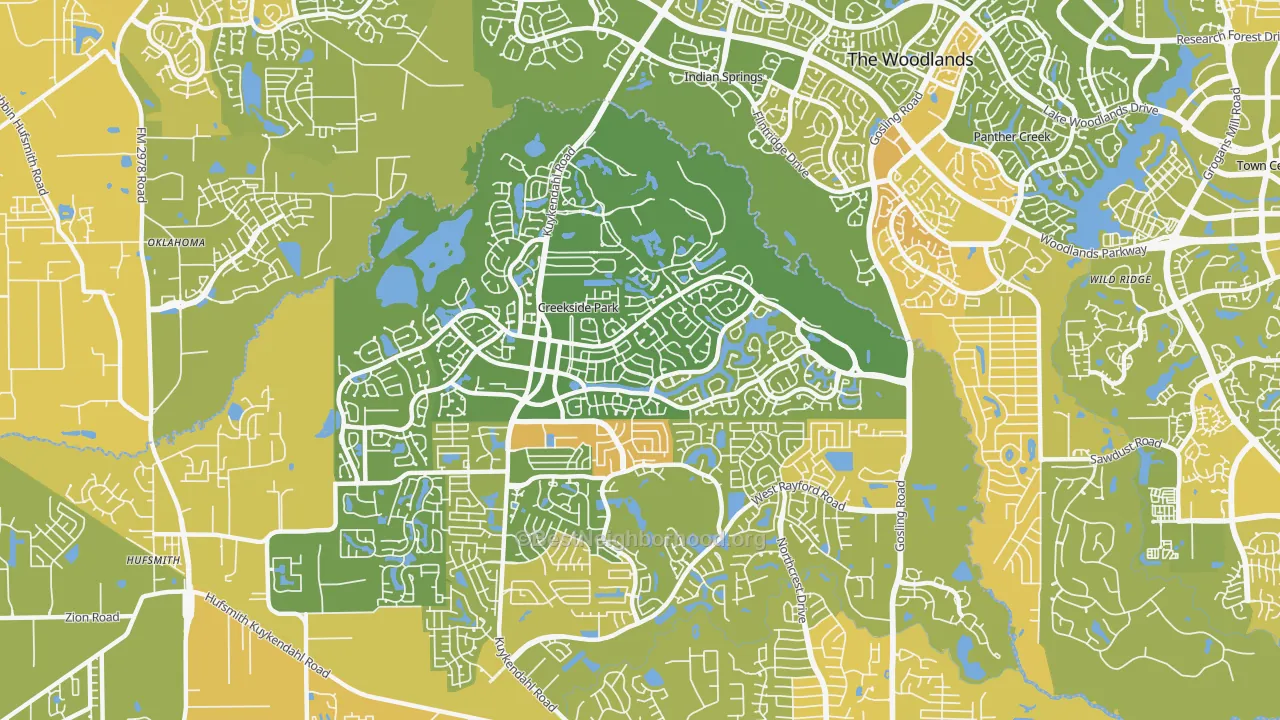Map of the best neighborhoods in the Creekside Park, The Woodlands area, with better matches in green and worse matches in red