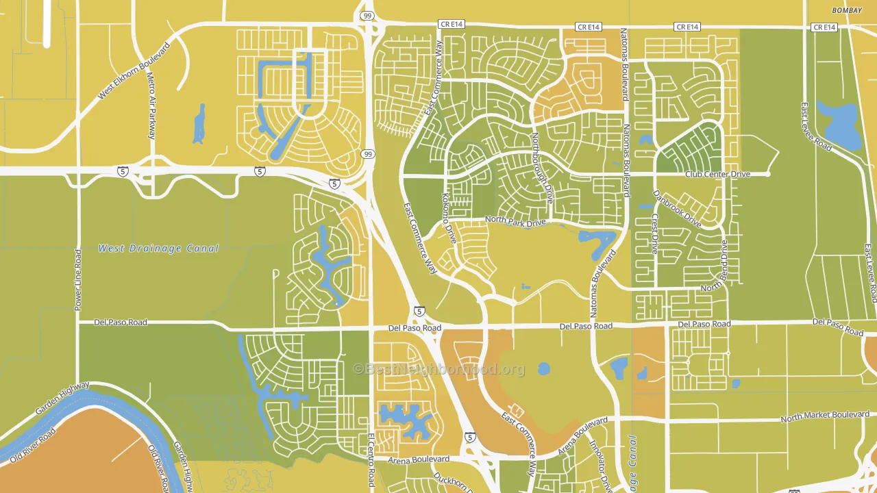 Map of the best neighborhoods in the Creekside, Sacramento area, with better matches in green and worse matches in red